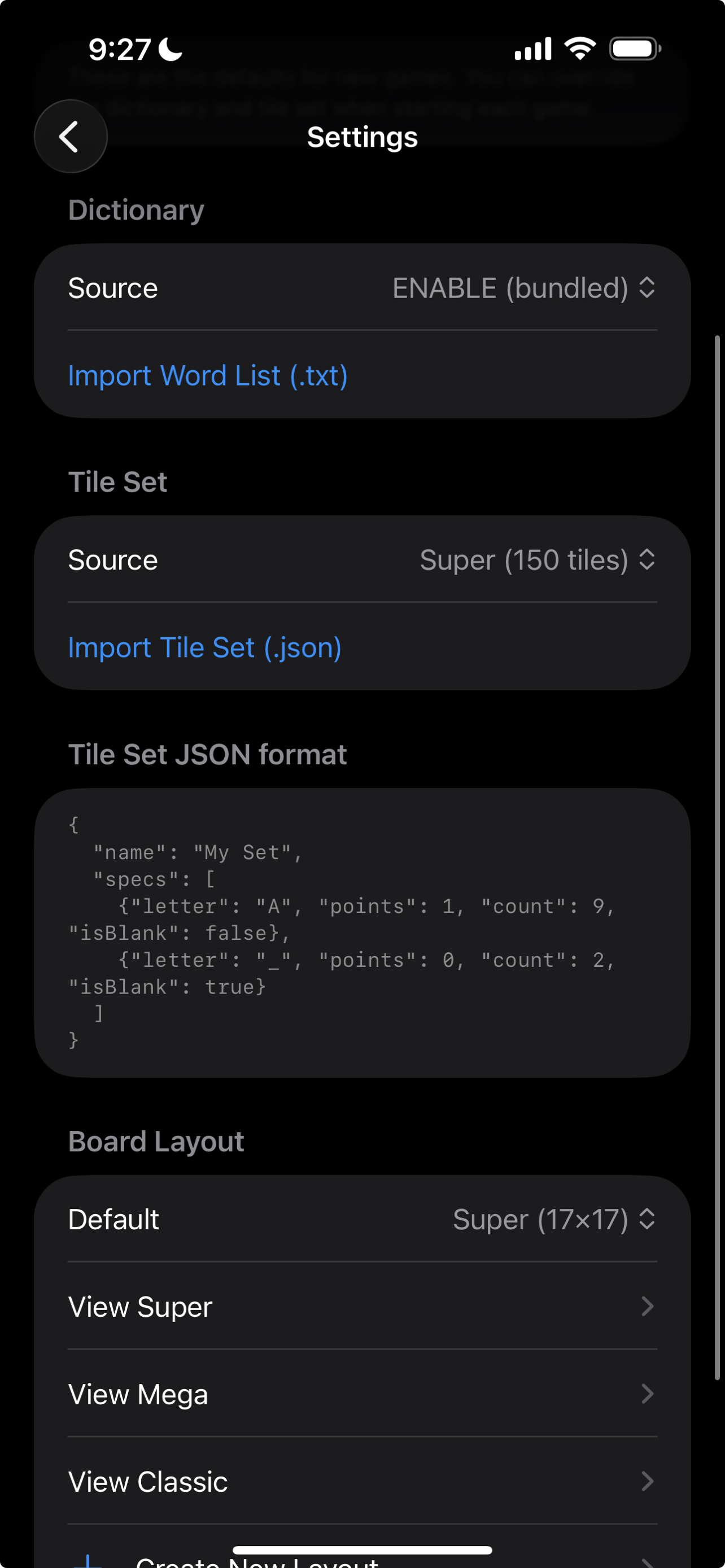 Dictionary, tile set, and board settings